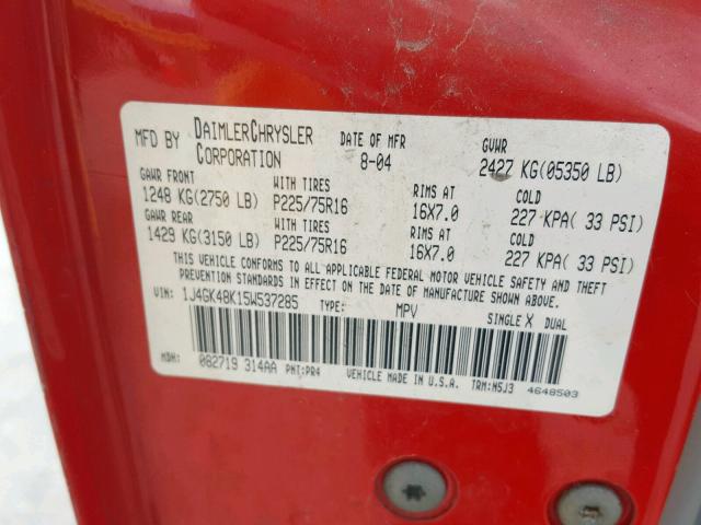 1J4GK48K15W537285 - 2005 JEEP LIBERTY SP RED photo 10