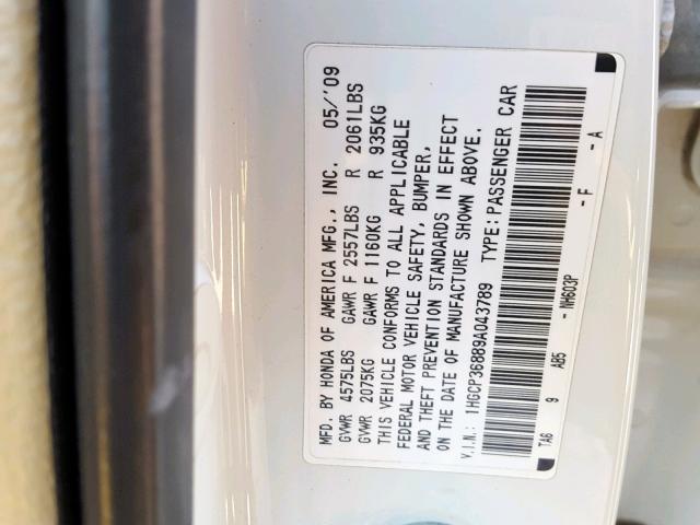 1HGCP36889A043789 - 2009 HONDA ACCORD EXL WHITE photo 10