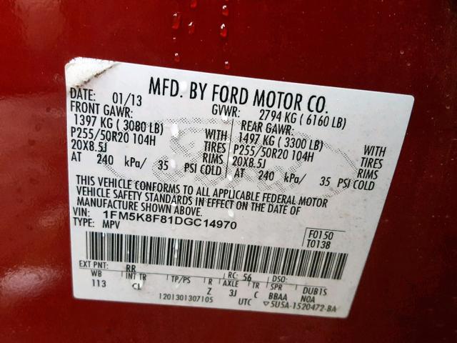 1FM5K8F81DGC14970 - 2013 FORD EXPLORER L RED photo 10