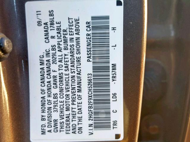 2HGFB2F9XCH526613 - 2012 HONDA CIVIC EXL GRAY photo 10