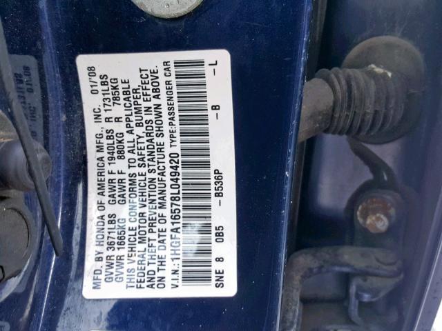 1HGFA16578L049420 - 2008 HONDA CIVIC LX BLUE photo 10