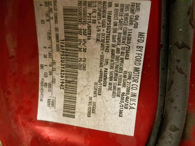 1FAFP55U3YA261942 - 2000 FORD TAURUS SES RED photo 10