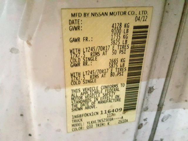 1N6BF0KX1CN116409 - 2012 NISSAN NV 1500 WHITE photo 10