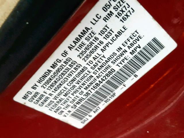 5FNRL38716B442880 - 2006 HONDA ODYSSEY EX BURGUNDY photo 10