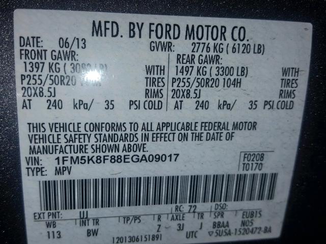 1FM5K8F88EGA09017 - 2014 FORD EXPLORER L GRAY photo 10