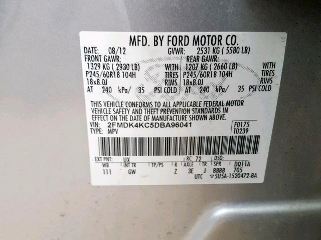 2FMDK4KC5DBA96041 - 2013 FORD EDGE LIMIT SILVER photo 10