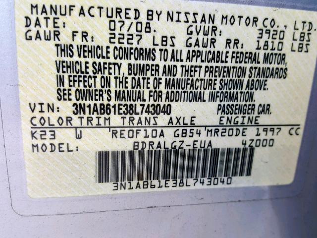 3N1AB61E38L743040 - 2008 NISSAN SENTRA 2.0 SILVER photo 10