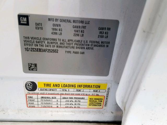 1G1ZC5EB3AF252662 - 2010 CHEVROLET MALIBU 1LT WHITE photo 10