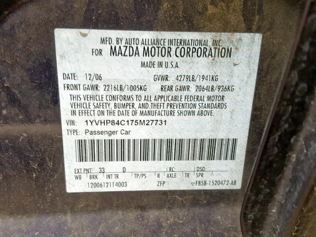 1YVHP84C175M27731 - 2007 MAZDA 6 I BLUE photo 10