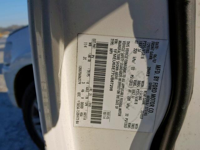 1FMEU65E77UB87298 - 2007 FORD EXPLORER L WHITE photo 10