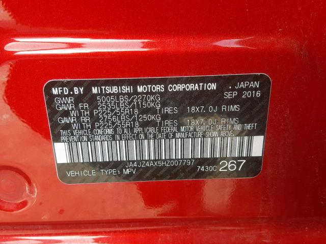 JA4JZ4AX5HZ007797 - 2017 MITSUBISHI OUTLANDER RED photo 10