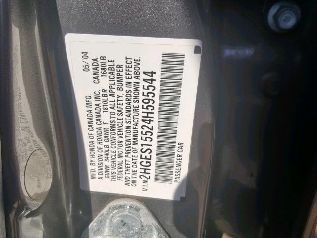 2HGES15524H595544 - 2004 HONDA CIVIC LX GRAY photo 10