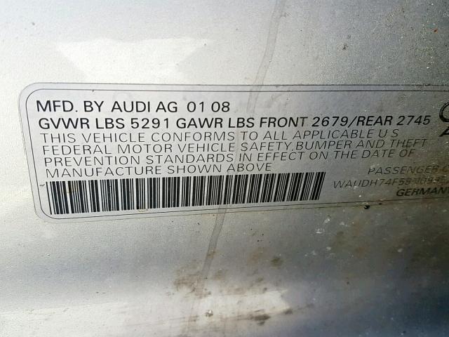 WAUDH74F58N099525 - 2008 AUDI A6 3.2 QUA SILVER photo 10