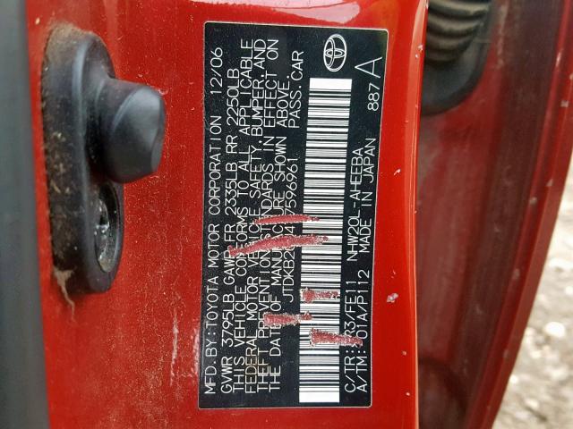 JTDKB20U477596961 - 2007 TOYOTA PRIUS RED photo 10