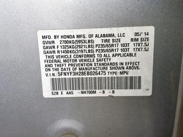 5FNYF3H28EB026475 - 2014 HONDA PILOT LX SILVER photo 10