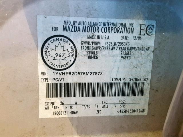 1YVHP82D575M27873 - 2007 MAZDA 6 S SILVER photo 10