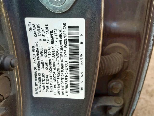 2HGFB2F94CH577363 - 2012 HONDA CIVIC EXL GRAY photo 10