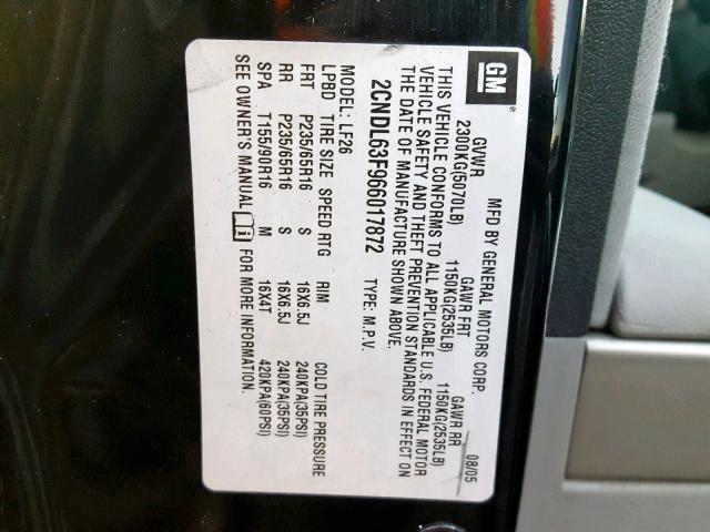 2CNDL63F966017872 - 2006 CHEVROLET EQUINOX LT 黑色 照片 10