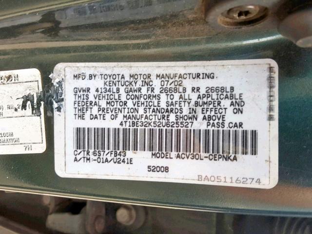 4T1BE32K52U625527 - 2002 TOYOTA CAMRY LE GREEN photo 10