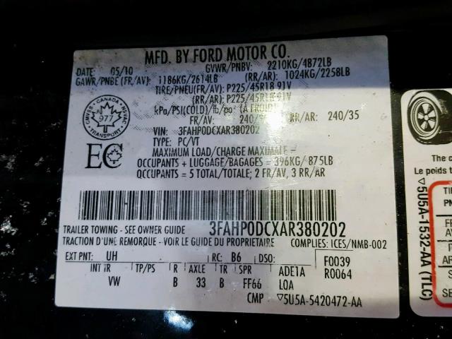 3FAHP0DCXAR380202 - 2010 FORD FUSION SPO BLACK photo 10