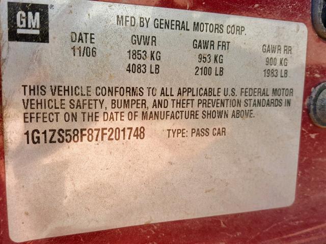 1G1ZS58F87F201748 - 2007 CHEVROLET MALIBU LS RED photo 10