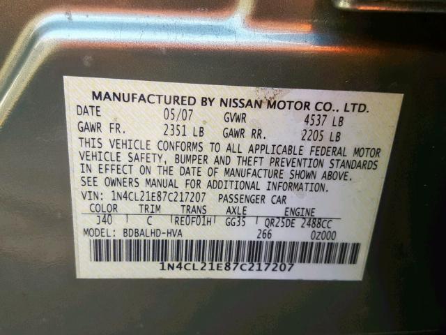 1N4CL21E87C217207 - 2007 NISSAN ALTIMA HYB GREEN photo 10