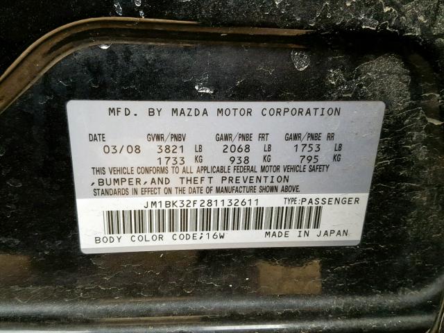 JM1BK32F281132611 - 2008 MAZDA 3 I BLACK photo 10