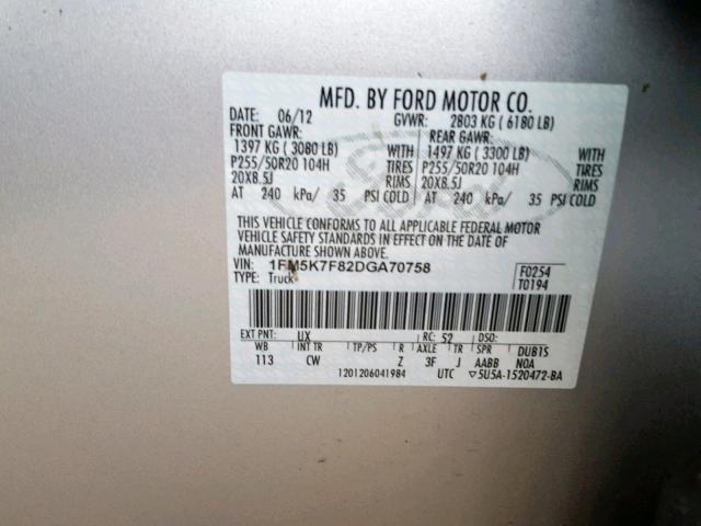 1FM5K7F82DGA70758 - 2013 FORD EXPLORER L SILVER photo 10