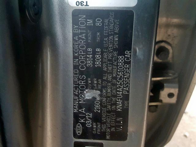 KNAFU4A25C5610888 - 2012 KIA FORTE EX SILVER photo 10