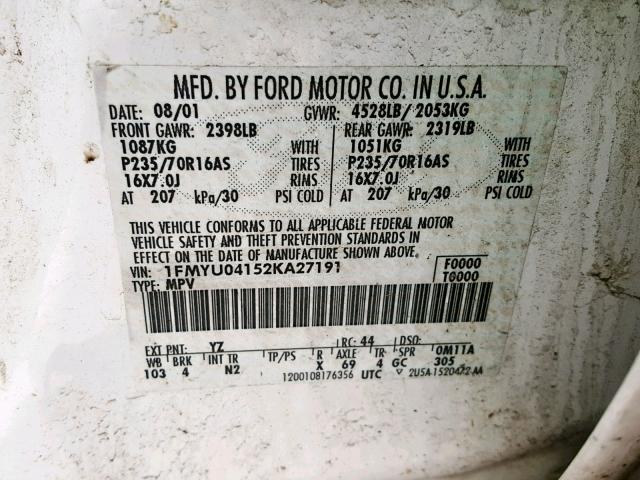 1FMYU04152KA27191 - 2002 FORD ESCAPE XLT WHITE photo 10