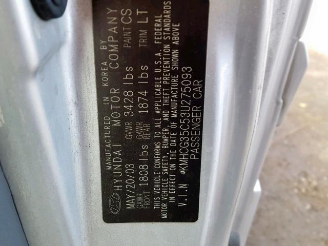 KMHCG35C53U275093 - 2003 HYUNDAI ACCENT GL SILVER photo 10