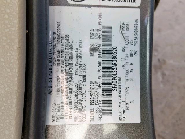 3FADP0L32AR380520 - 2010 FORD FUSION HYB GRAY photo 10