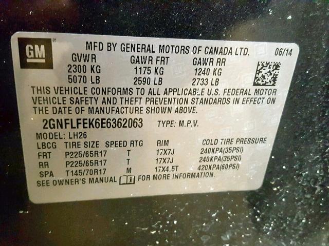 2GNFLFEK6E6362063 - 2014 CHEVROLET EQUINOX LT Grau Foto 10