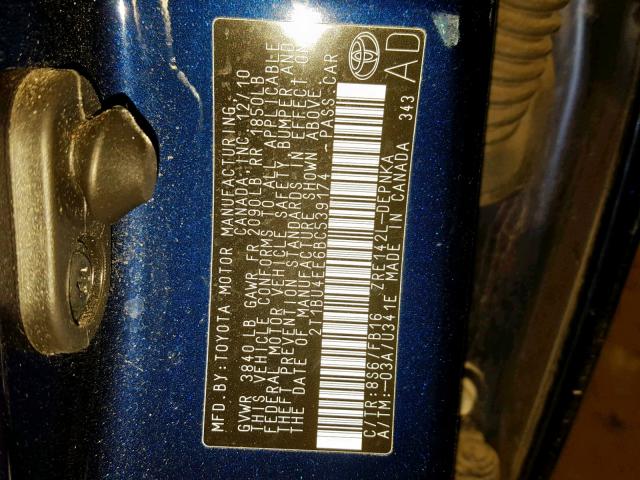 2T1BU4EE6BC539174 - 2011 TOYOTA COROLLA BA BLUE photo 10