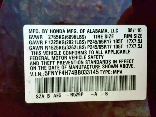 5FNYF4H74BB033145 - 2011 HONDA PILOT EXLN BURGUNDY photo 10