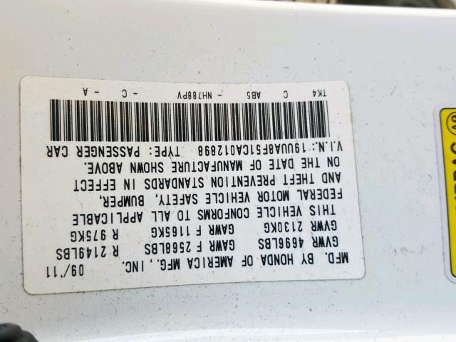 19UUA8F51CA012898 - 2012 ACURA TL WHITE photo 10