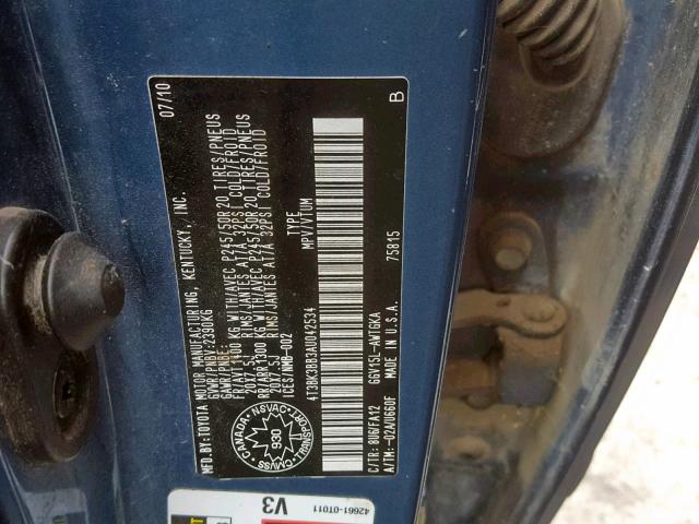 4T3BK3BB3AU042534 - 2010 TOYOTA VENZA BASE BLUE photo 10