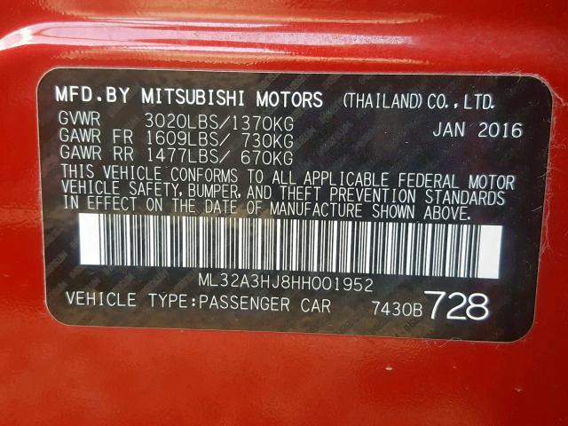 ML32A3HJ8HH001952 - 2017 MITSUBISHI MIRAGE ES RED photo 10