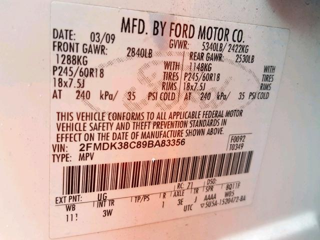 2FMDK38C89BA83356 - 2009 FORD EDGE SEL WHITE photo 10