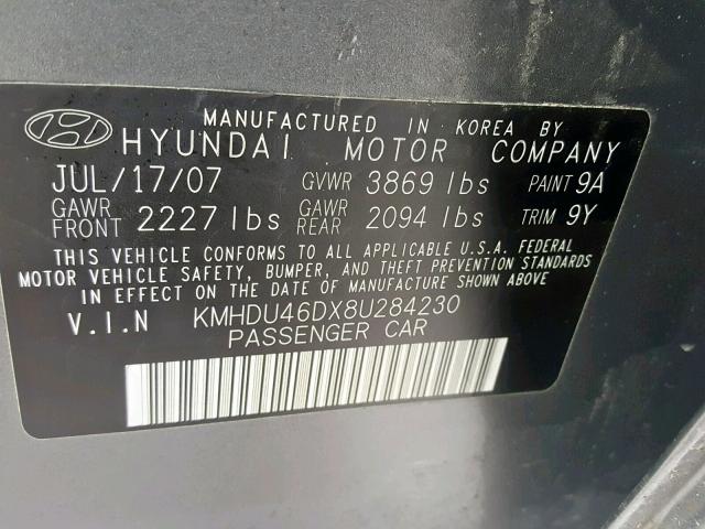 KMHDU46DX8U284230 - 2008 HYUNDAI ELANTRA GL 银色 照片 10