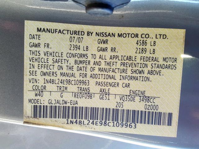 1N4BL24E98C109963 - 2008 NISSAN ALTIMA 3.5 GRAY photo 10