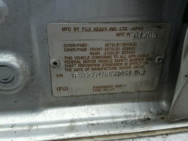 JF4GG61686H051362 - 2006 SAAB 9-2 2.5I ვერცხლისფერი ფოტო 10