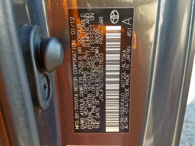 JTKJF5C71C3037823 - 2012 TOYOTA SCION TC CHARCOAL photo 10