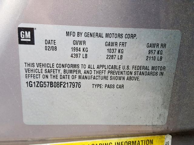 1G1ZG57B08F217976 - 2008 CHEVROLET MALIBU LS BEIGE photo 10