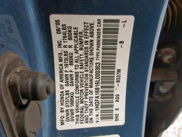 1HGFA16816L000303 - 2006 HONDA CIVIC EX BLUE photo 10