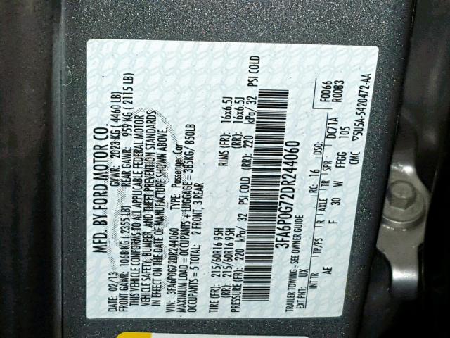 3FA6P0G72DR244060 - 2013 FORD FUSION S SILVER photo 10