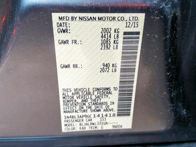 1N4BL3AP9GC141418 - 2016 NISSAN ALTIMA 3.5 GRAY photo 10