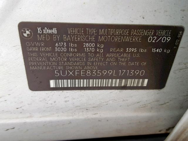 5UXFE83599L171390 - 2009 BMW X5 XDRIVE4 SILVER photo 10