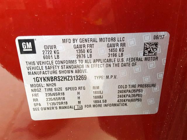 1GYKNBRS2HZ313269 - 2017 CADILLAC XT5 LUXURY RED photo 10