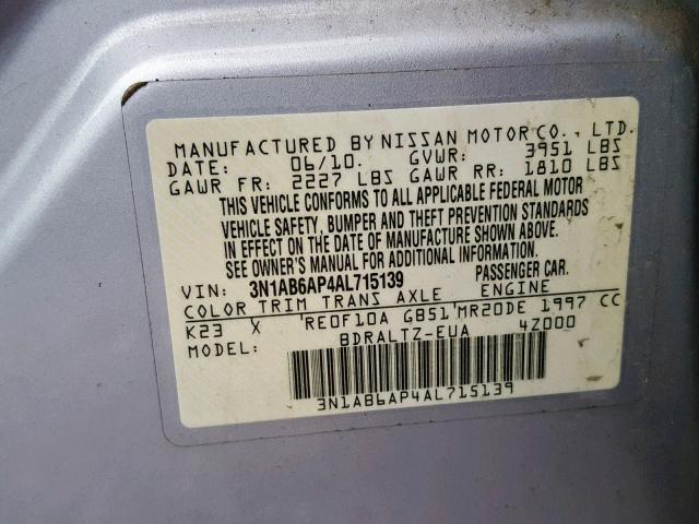 3N1AB6AP4AL715139 - 2010 NISSAN SENTRA 2.0 SILVER photo 10